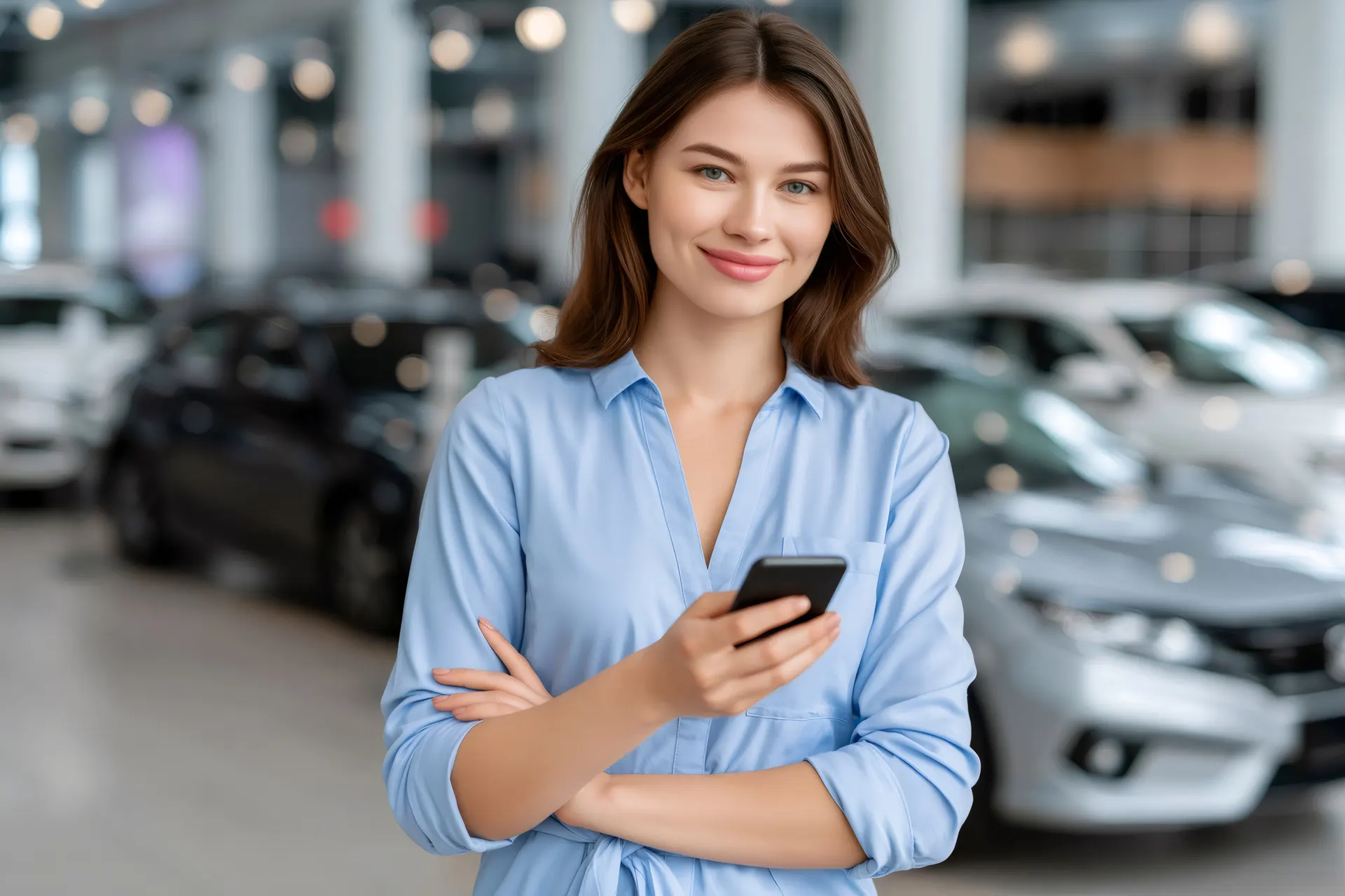 Sales advisor managing customer messages on her phone in a showroom