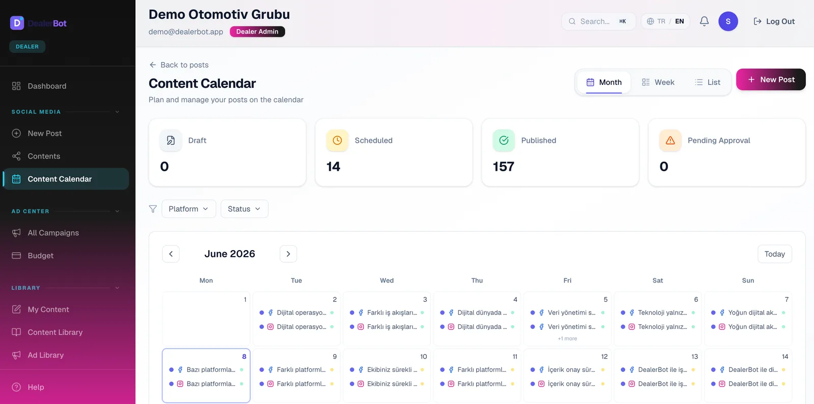 Content calendar and scheduling